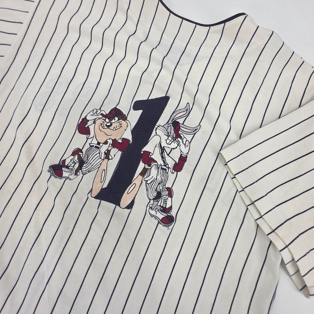 LOONEY TUNES WARNER BROS VINTAGE 90S JERSEY MENS MEDIUM COTTON TAZ BUG PINSTRIPE